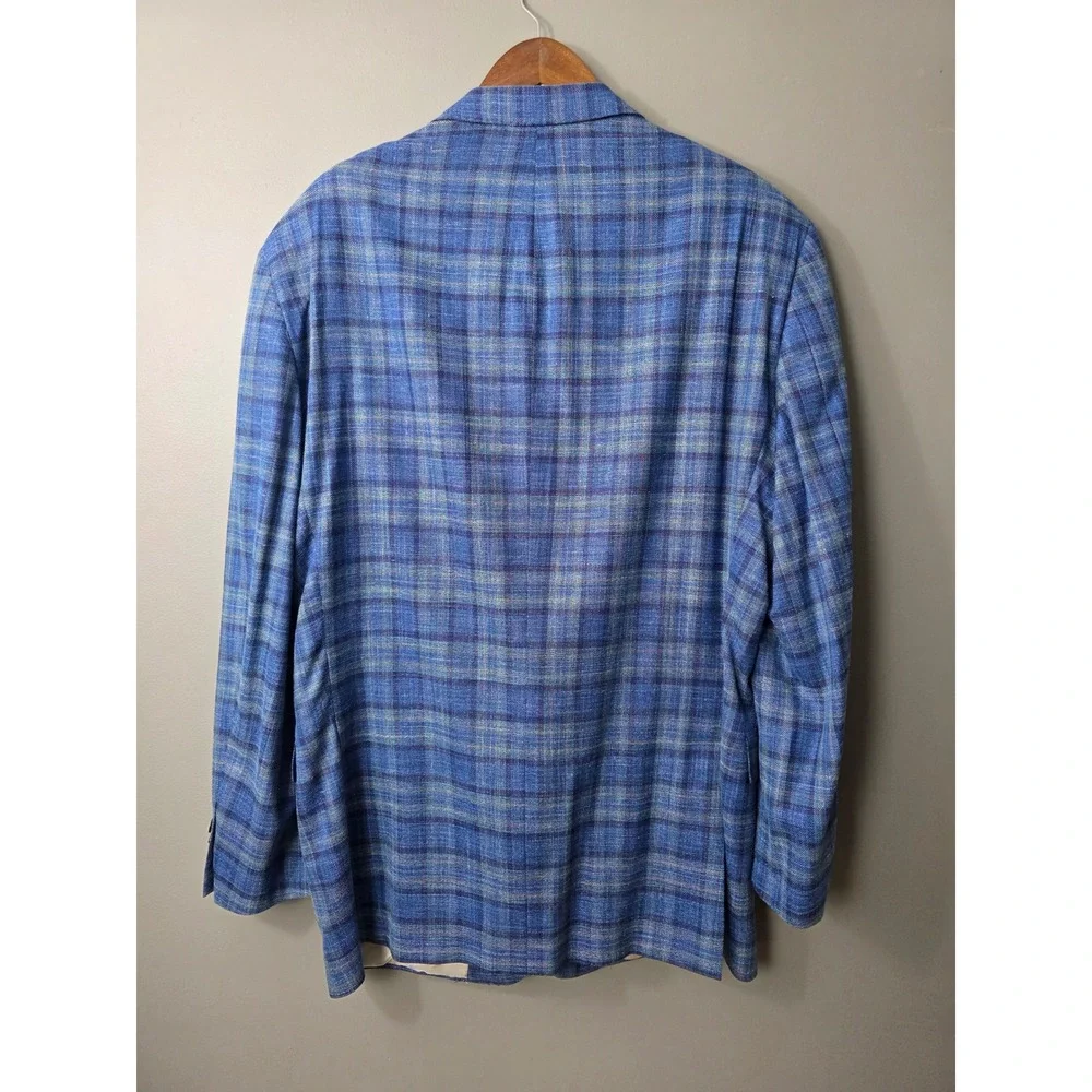 Samuelsohn Mens 50 Long Blue Plaid Wool Silk Linen Sport Coat Carlo Barbera